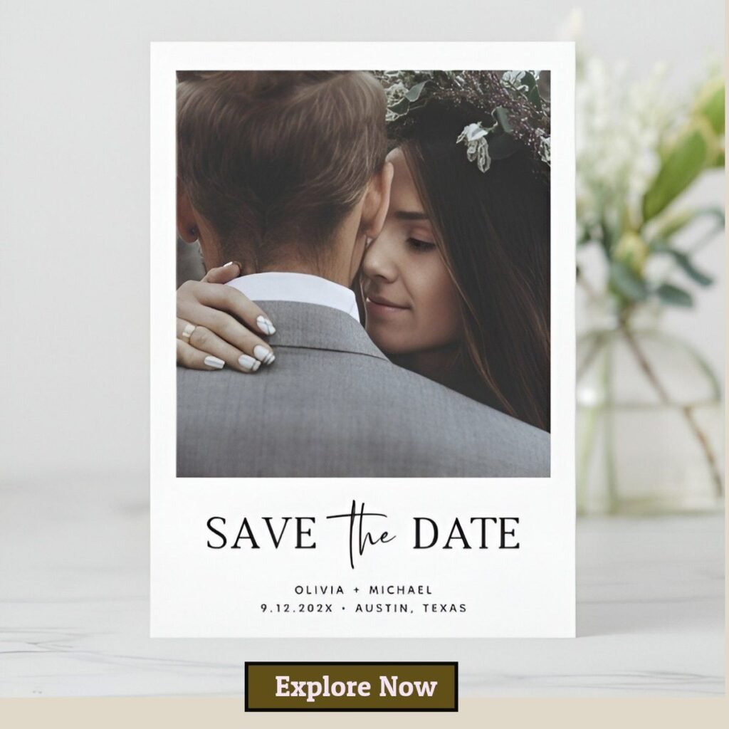 Minimalist photo save the date card with engagement photo and clean typography