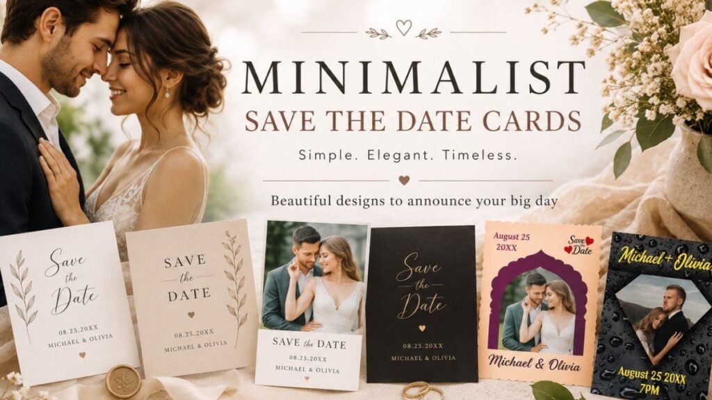 Minimalist save the date cards featuring elegant wedding designs and a romantic couple