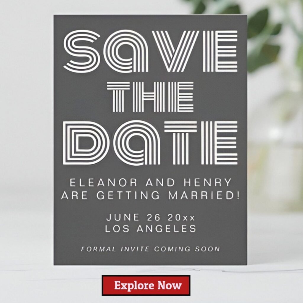 Modern geometric minimalist save the date card with bold white typography on a charcoal background