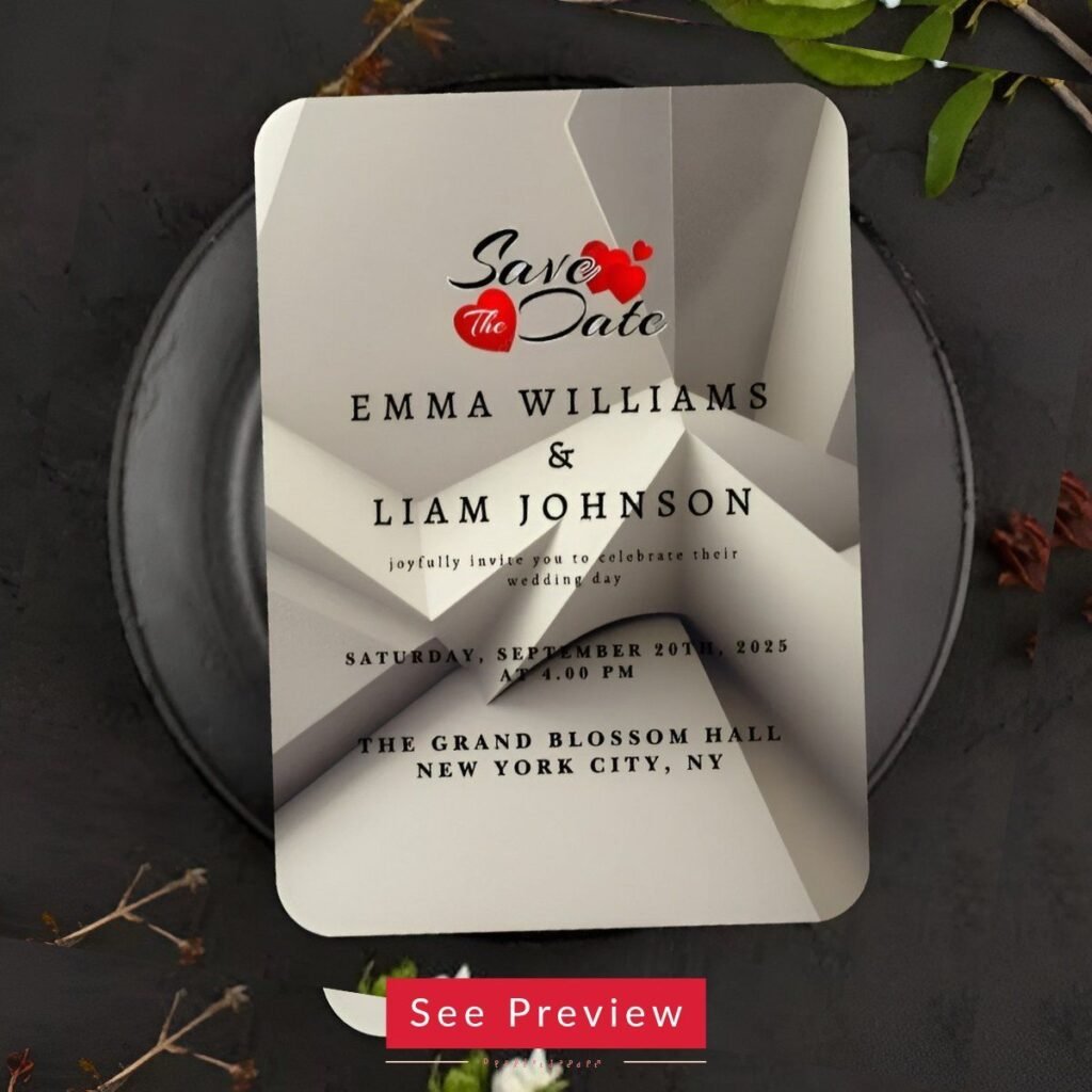 Modern ivory minimalist save the date card with black typography and red heart detail