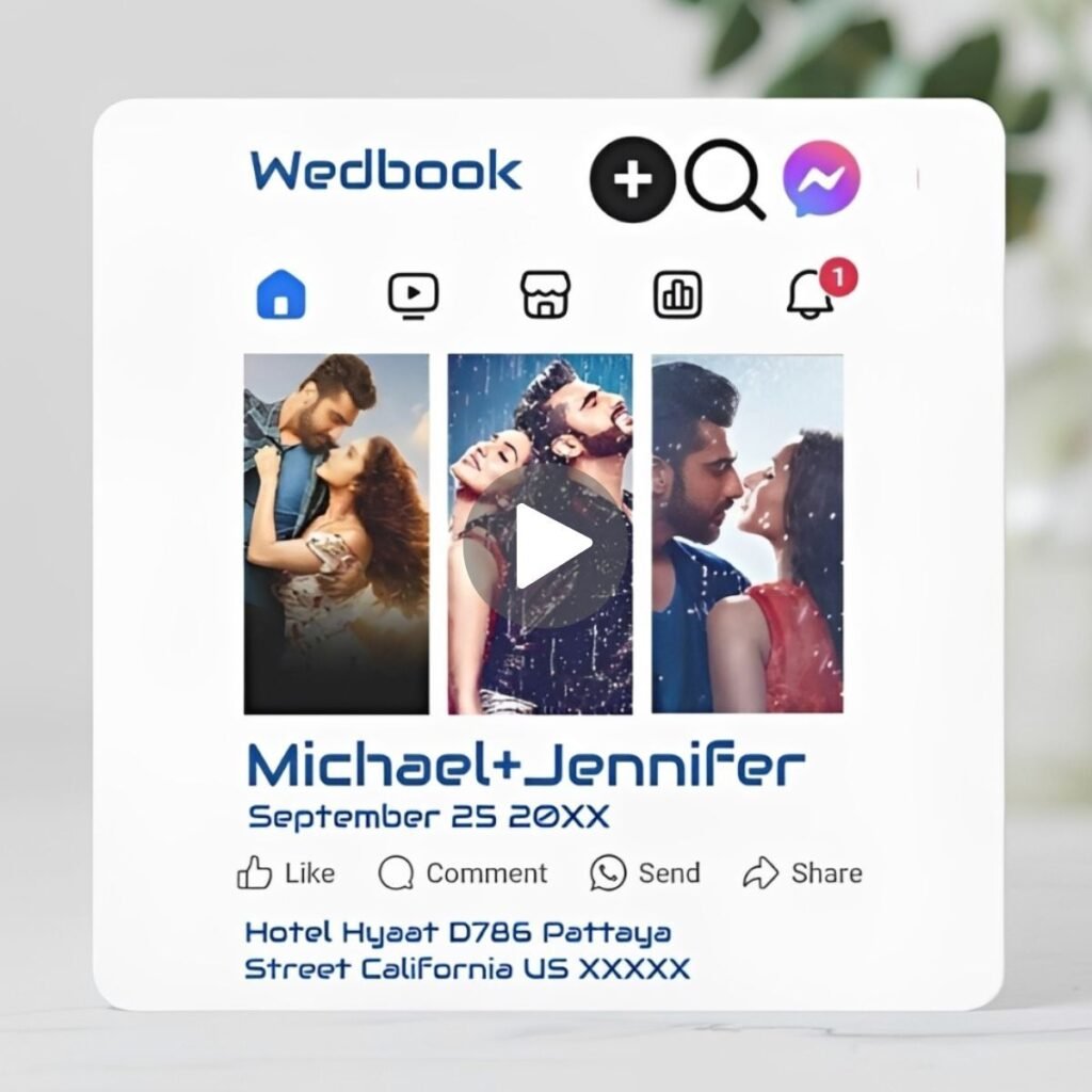Modern social media theme boho save the date card with three couple photos