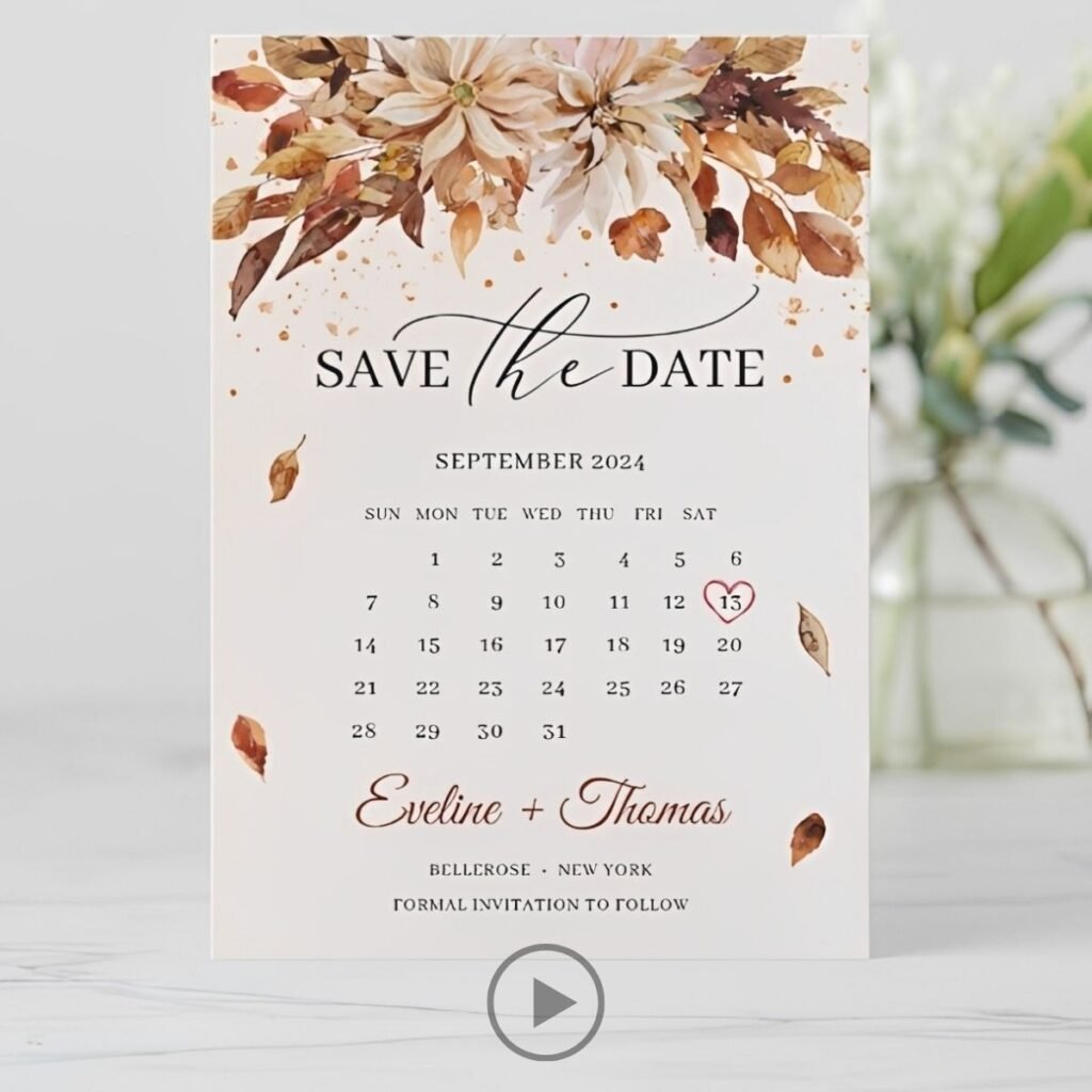 Rustic boho save the date card with autumn florals and September calendar