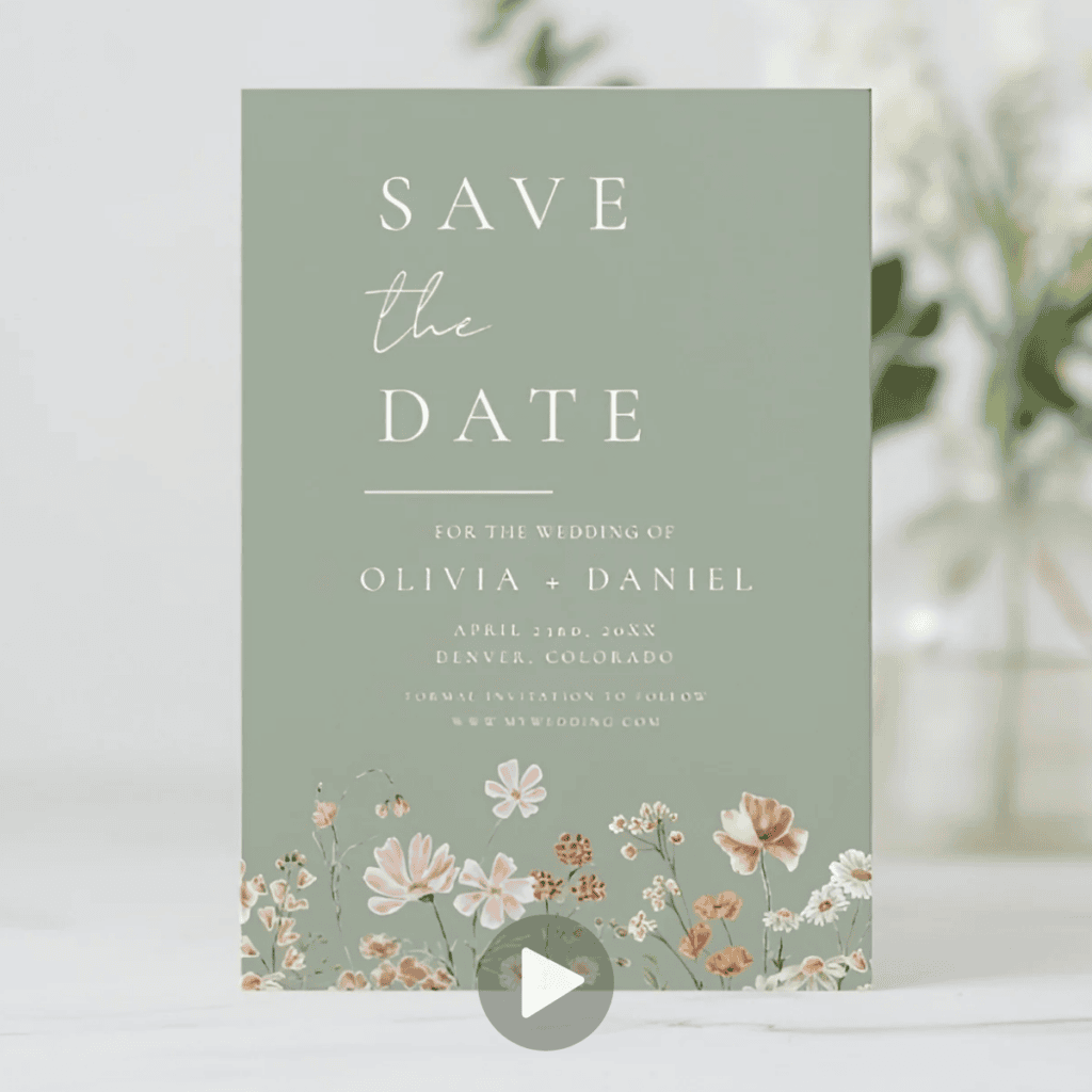 Sage green floral boho save the date card with botanical flowers