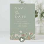 Sage green floral boho save the date card with botanical flowers