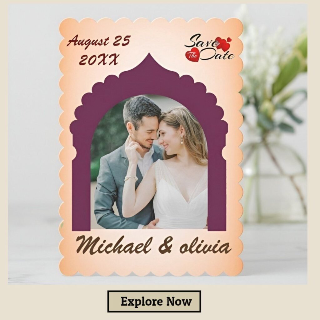 Soft peach minimalist photo save the date card with engagement photo and purple arch